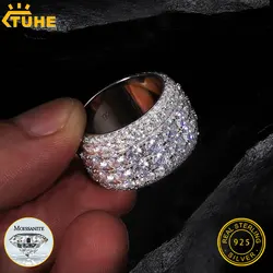 TUHE 2 Row Moissanite Ring 925 Sterling Silver Iced Out Hip Hop Ring for Men Women Unisex Luxury Gift