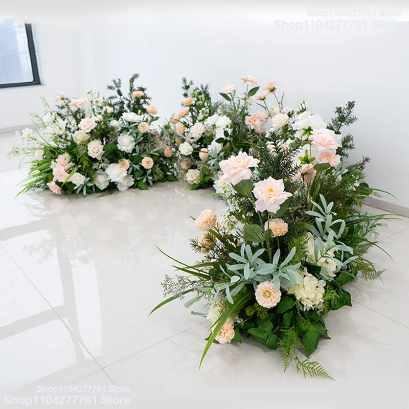 Hochzeits-Hintergrund für den Außenbereich, Boden-Blumenarrangement, Champagner-weiße künstliche Blumenreihe, grüne Wand, Dekoration für die Zeremonie und Fotobox – Detail 5