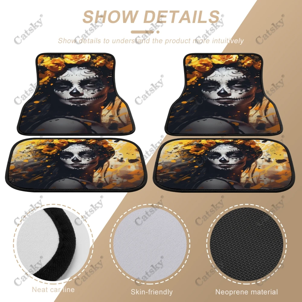 Sugar Skull Girl Car Auto Floor Mats Carpet, 4PCS Customized Cars Mat All Weather Automotive Vehicle Pad Stylish