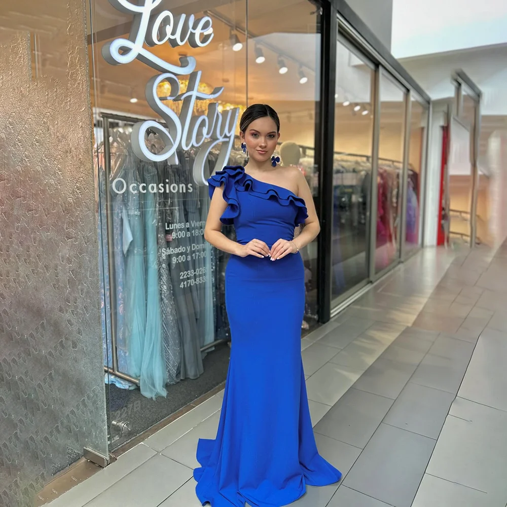 

Blue Evening Dress One Shoulder Ruffles Mermaid Jersey Elegant Evening Gowns Open Back Long Formal Party Dresses Customized