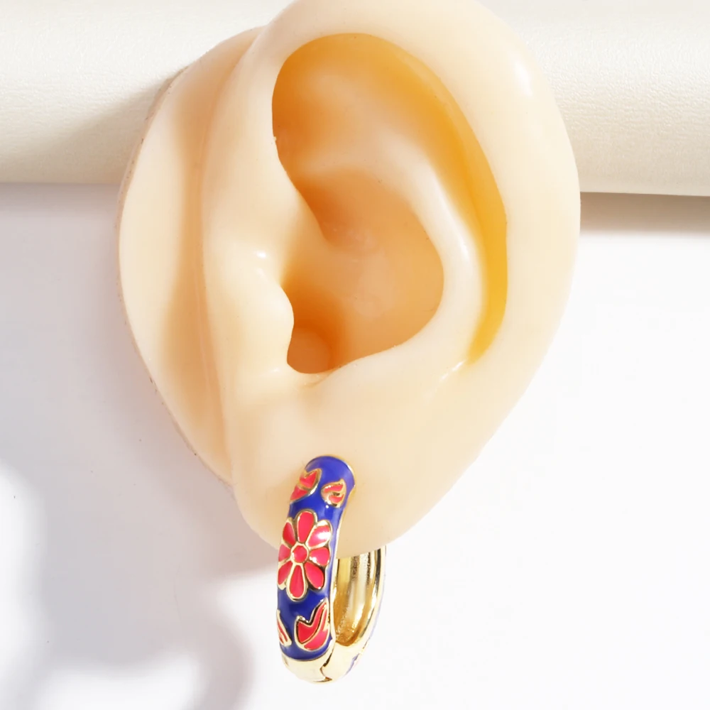 Colorful Enamel Flower Daisy Chunky Round Circle Hoop Earrings Female Gold Color Copper Ear Buckle Huggies Jewelry for Women