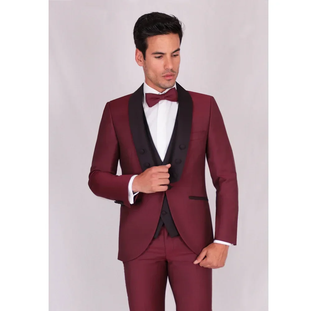 

New Arrival 2024 Burgundy Men Suits Jacket Pants Black Vest Shawl Lapel Single Breasted High Quality Formal Wedding Costume