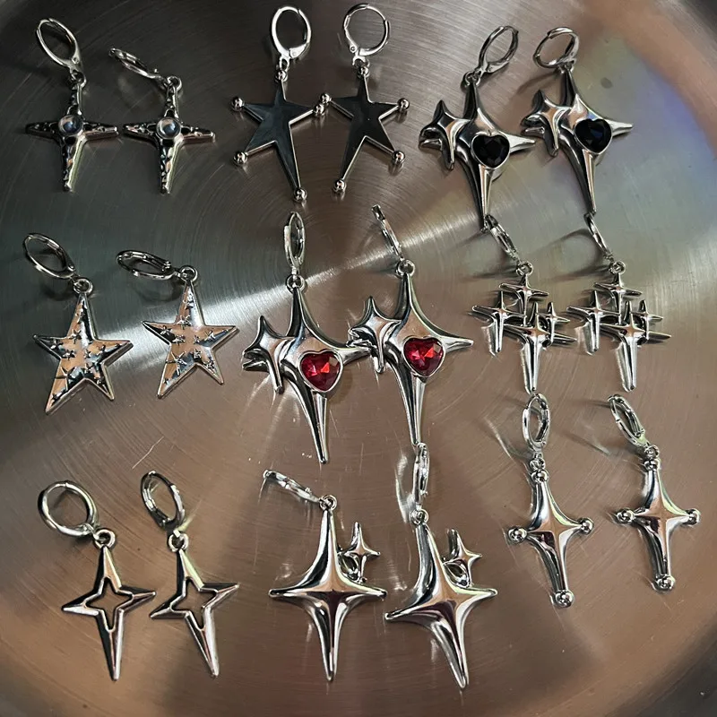 Y2K Metal Stars Drop Pendant Earring for Women Girl Silver Color Exquisite Rhinestone Asterism Punk Jewelry Party Accessories