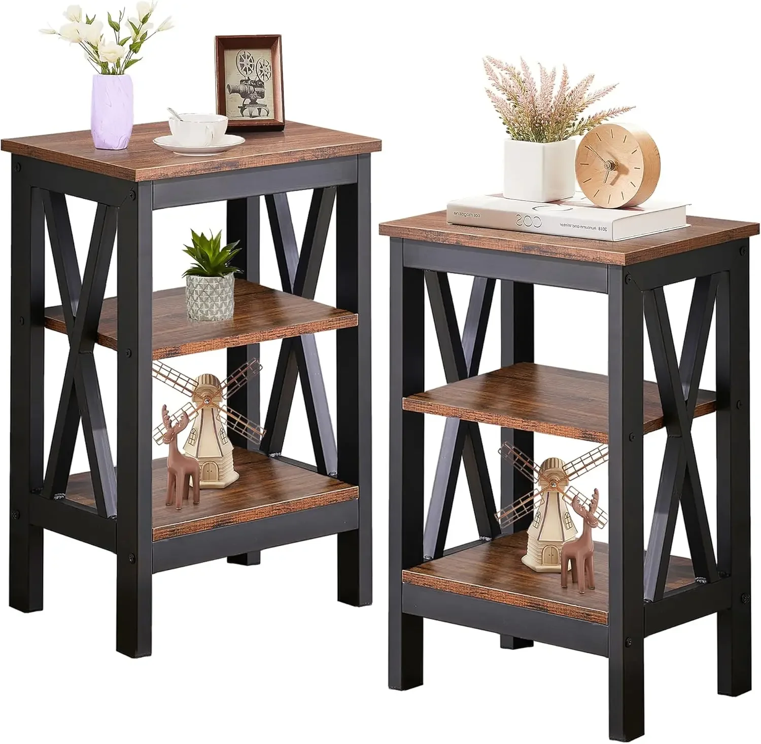 VECELO Side Storage Shelf Nightstands for Living Room,Bedroom Furniture,Shelves, 2 sets End tables, Brown（2 sets）