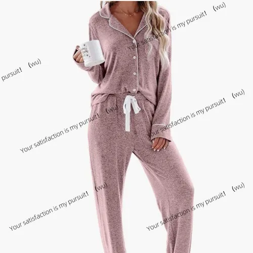 

Однотонный популярный европейский и американский женский цветной хлопковый свитер с лацканами и пуговицами, пижамный комплект