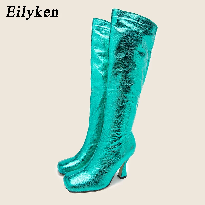 Eilyken Fashion Design Knee-High Women Boots Fashon Square toe High Heels Bling Patent Leather Autumn Winter Booties Shoes