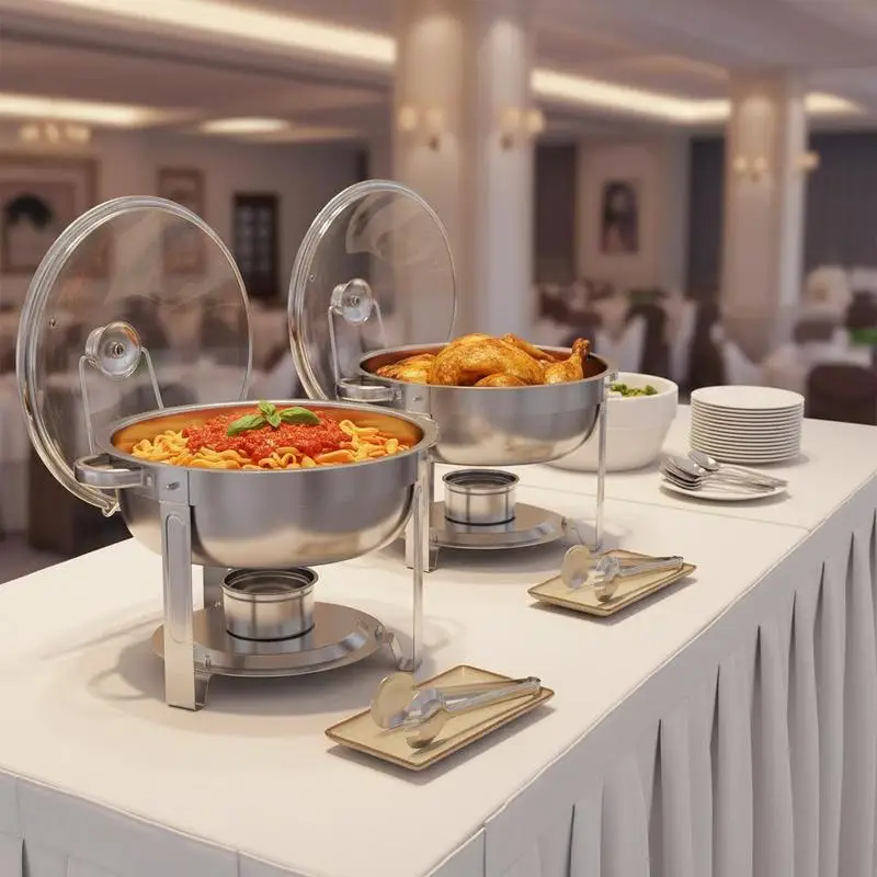 

Food Warmer Server 2 Pack 5 Qt For Wedding Party Banquet, Round Catering Chafer Glass Lid Folding Stand Full Size Pan Fuel Holder Silver