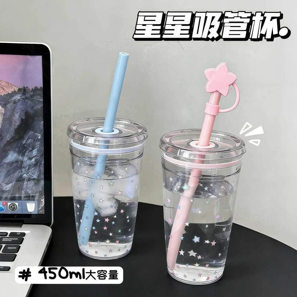 2026 New Model 450ml Plastic Straw Cup Tea Coffee Milk Comes with Simple Straws sweet cute star sticker diy cup friend gifts