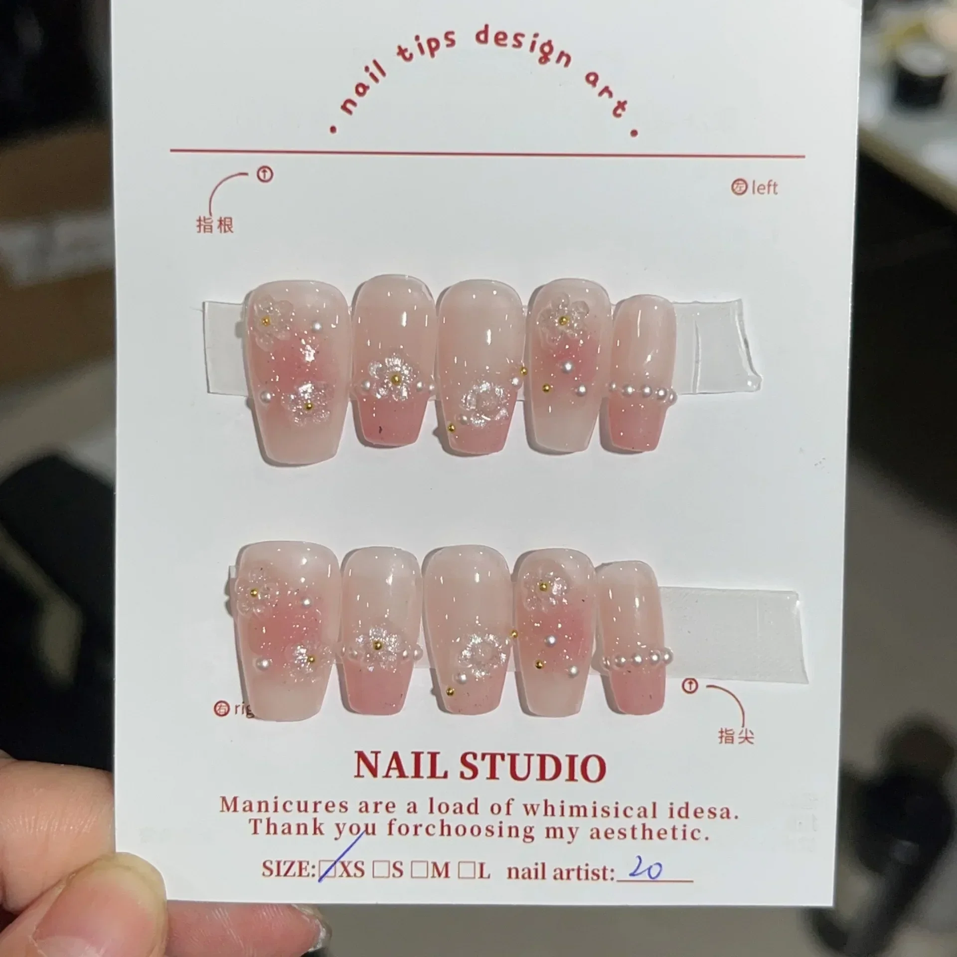 10pcs Blush Ice Transparent gradient pink 3D flower press on nails short acrylic fake handmade ballet false nails tips with glue