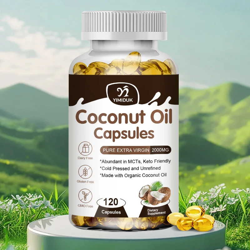 

Organic Coconut Oil 2000 MG - 100% Extra Virgin Unrefined Cold Pressed for Weight Support, Skin, Hair, Nails, 120 Capsules