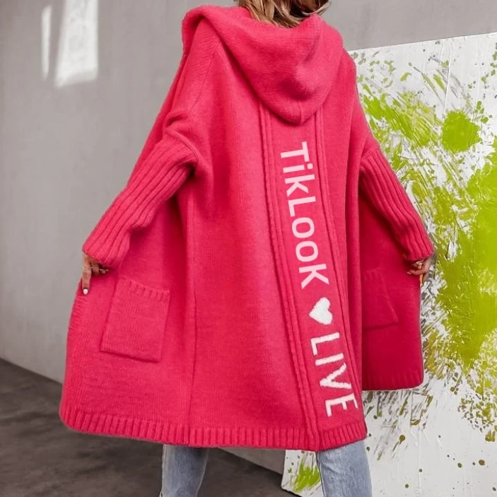 Letter Tiklook Hooded Cardigan Knit Sweater Women Spring Autumn Winter Maxi Soft Loose Coat Long Knitted Jacket Cardigan Jumpers