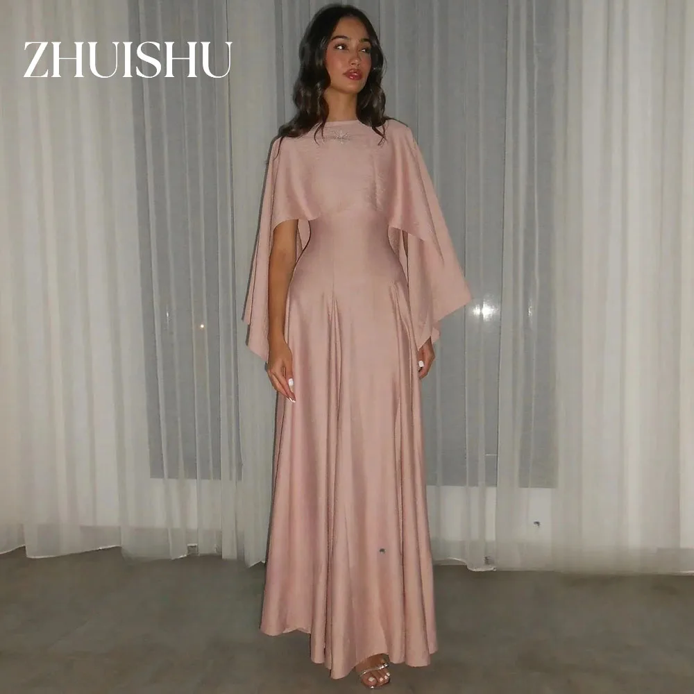

ZHUISHU Temperament O-Neck Evening Dresses Pink Shawl A-line Pleat Formal Women Prom Dresses Customized Long Party Dresses