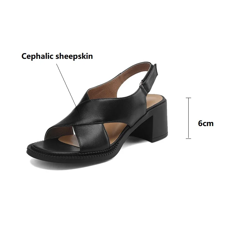 New Genuine Leather Summer Sandals 2023 Round Toe Chunky Heel Women Sandals Concise High Heels Handmade Shoes for Women