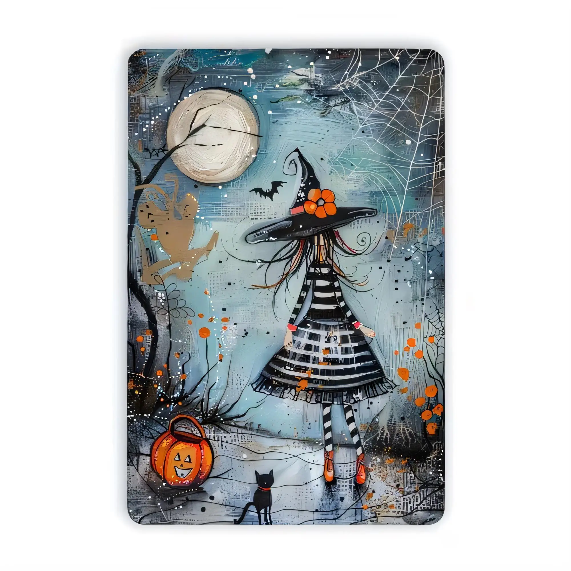Tin Sign, Halloween Witch Cat Jack O Lantern Moon Magic Night Metal Retro Wall Plaque for Bar Pub Home Decor,   Vintage Style De
