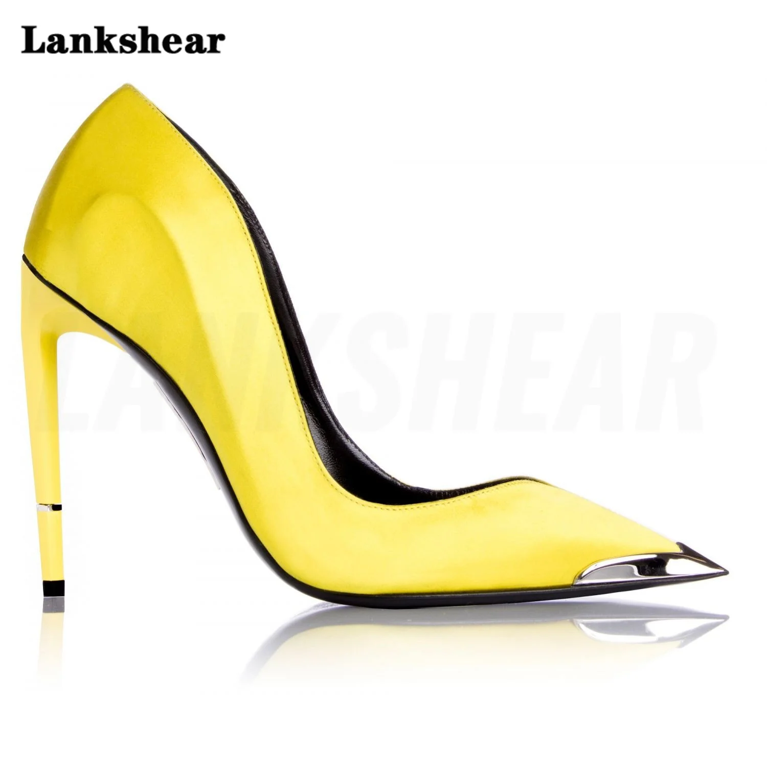 

Summer Metal Pointed Toe Pumps Women's Yellow Black Suede Party Dress Wedding Shoes Luxury Leather Women's High Heels Pumps