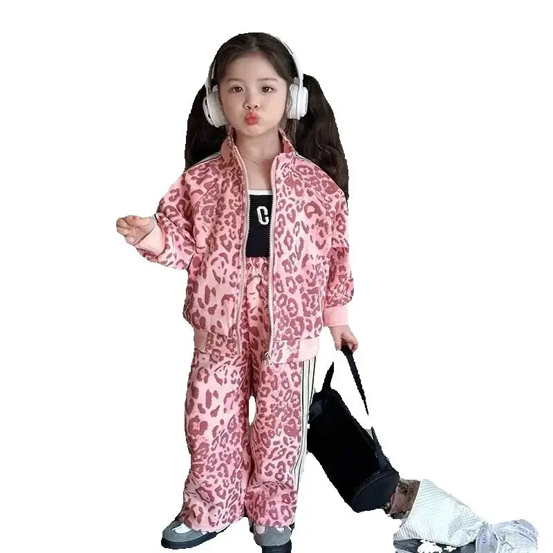 الربيع والخريف مجموعة ملابس الفتيات نمط جديد للأطفال الرياضة ليوبارد معطف + السراويل 2 قطعة مجموعة 90-140 سنتيمتر #1
