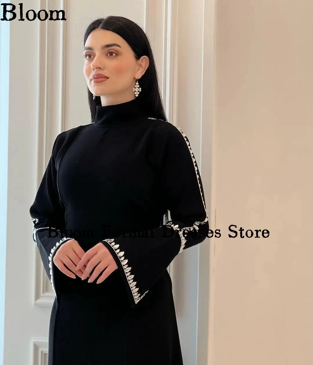 Bloom High Neck schwarze Abendkleider für Prom Hand beads lange Ärmel Seite geteilt formelle Kleid Feier Hochzeits feier Kleid