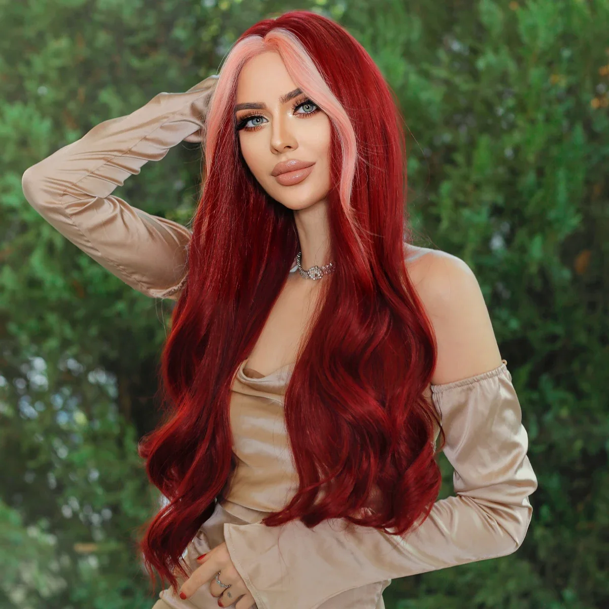 NAMM طويل مموج الجزء الأوسط النبيذ الأحمر شعر مستعار للنساء يوميا تأثيري حزب الاصطناعية تسليط الضوء على الشعر الوردي الباروكات لوليتا مقاومة للحرارة #2