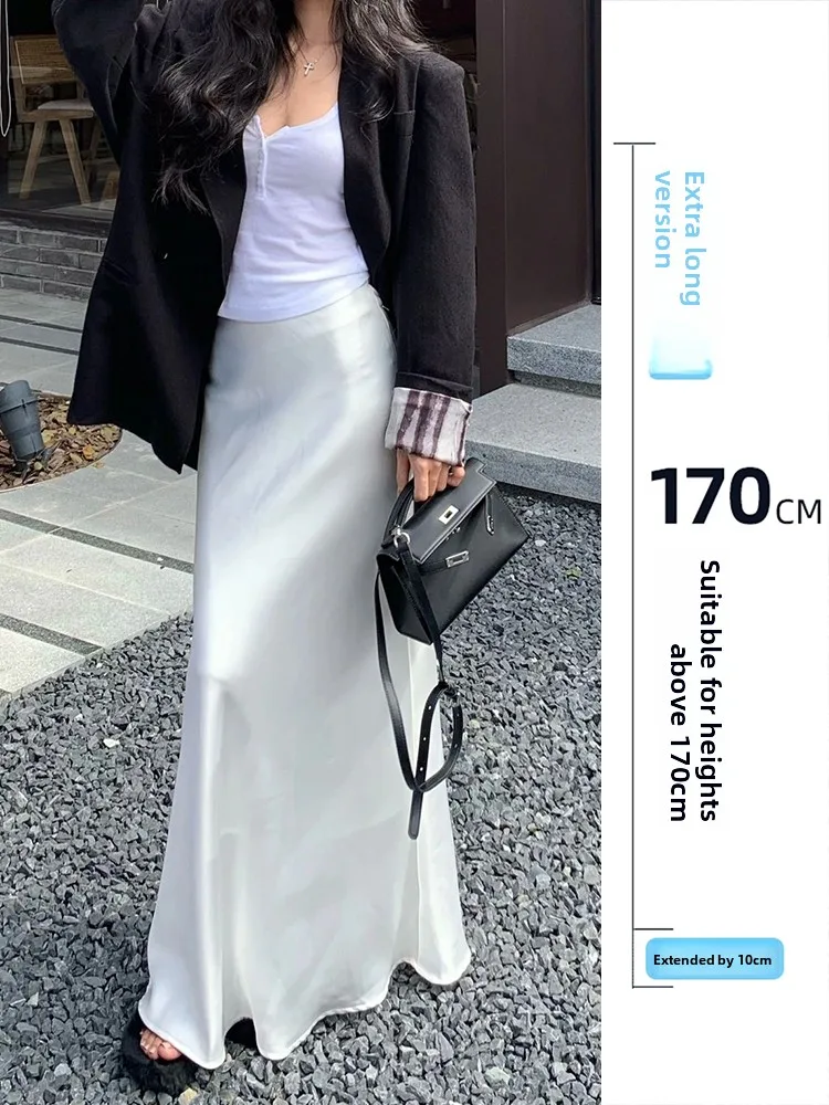 

75 Extended Version High Waist Draped Satin Skirt Women's Early Spring Tall Ladies Slim Fit Wrap around f Body Skirt