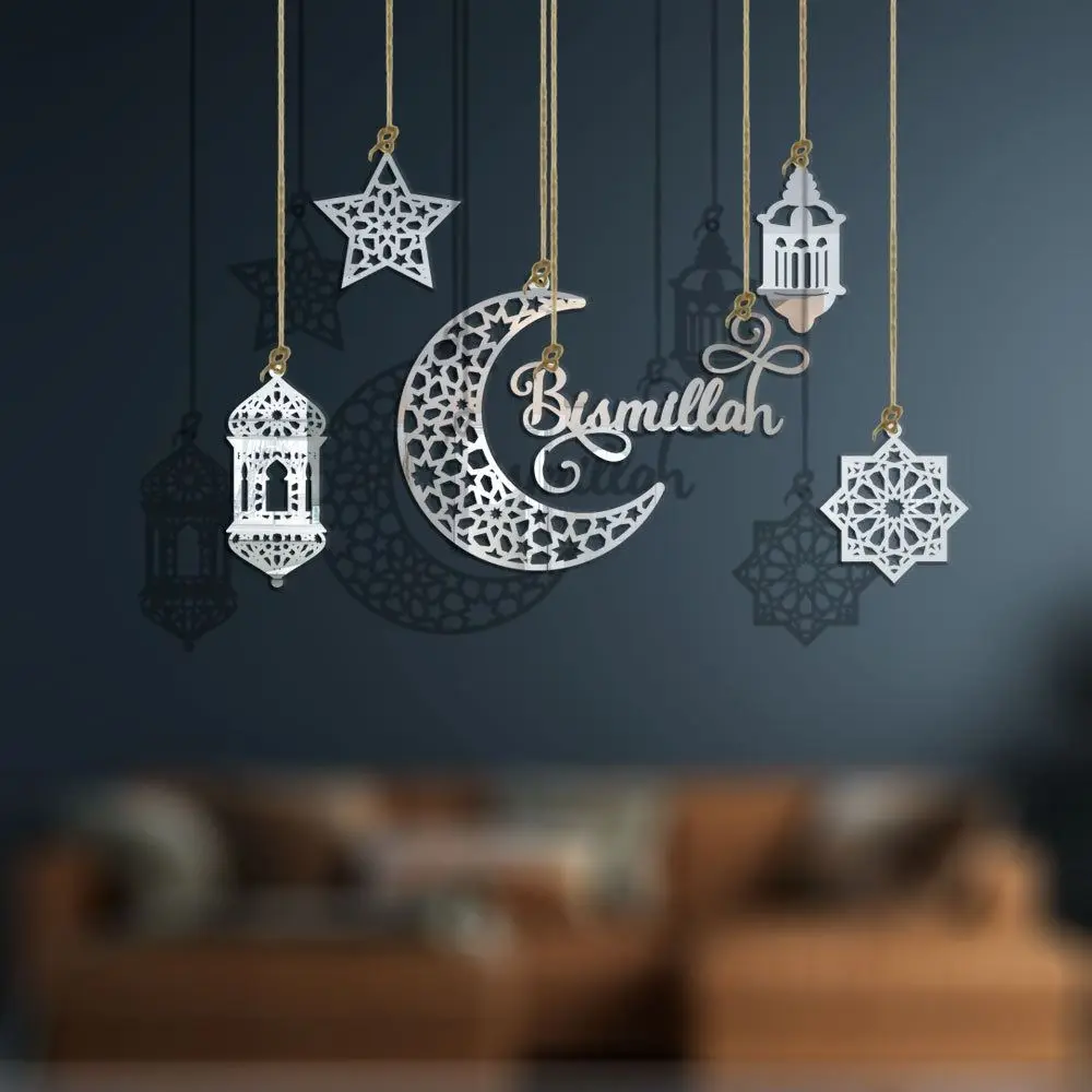 الإبداعية عيد مبارك قلادة بسيطة الاكريليك نجمة القمر شنقا زخرفة 3D اليدوية مرآة الحائط شنقا الديكور