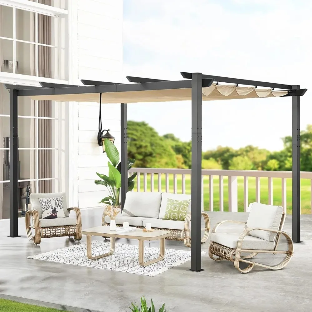 

Outdoor 10'x13' Extra Large Aluminum Pergola with Sun Shade Gazebo Beige Canopy, UV Resistant Fabric