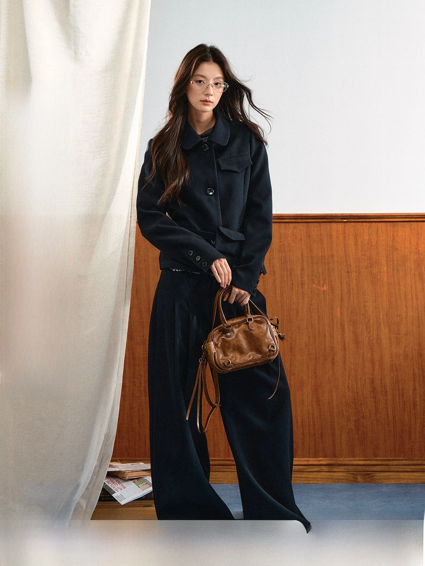 7Shiftin Retro American Detachable Collar Waist Bag Loose Wide Leg Pants Three Piece Set Women's Fashion Autumn Spring Wear