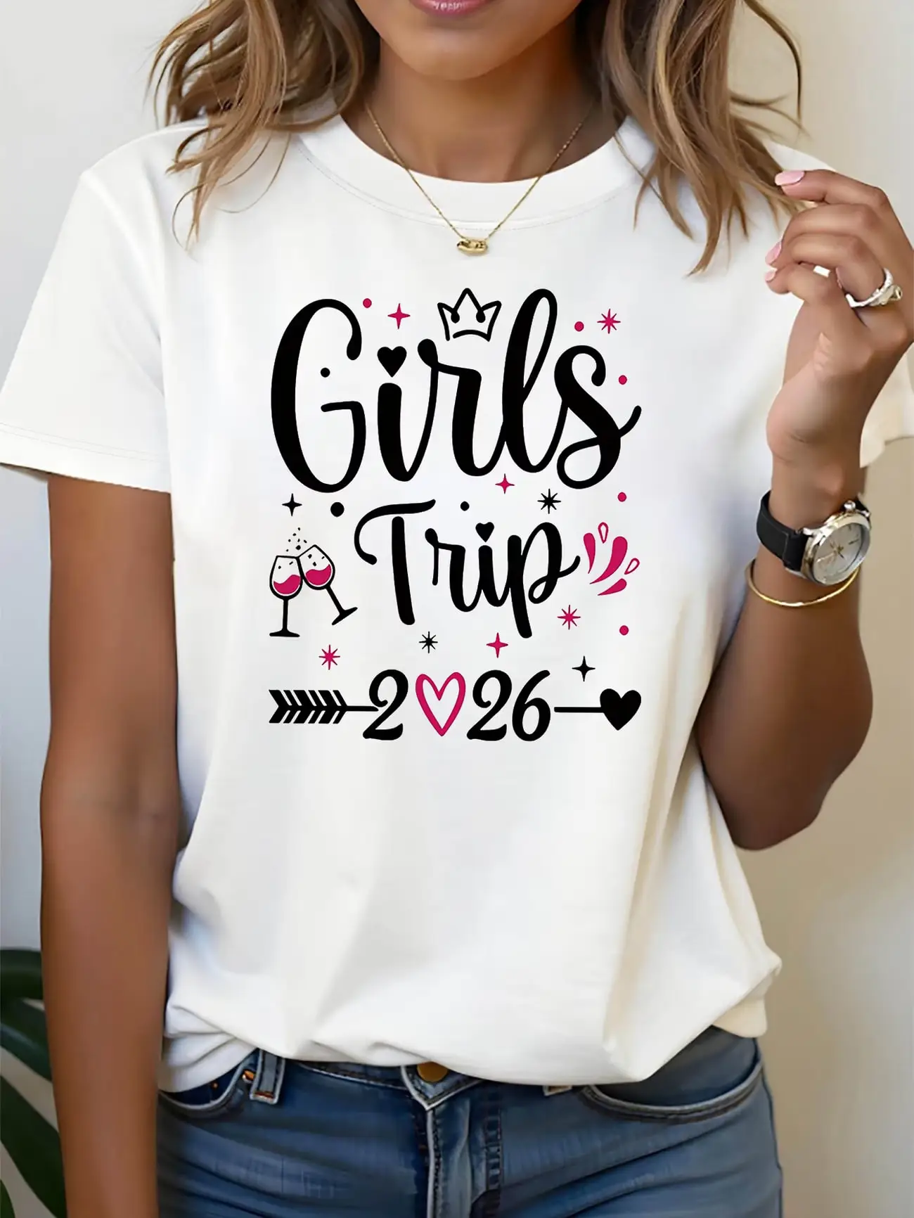 

Plus size women's short sleeve T-shirt Girls Trip 2026 Heart Crown Wine Glasses Stars breathable fabric summer outfits women's