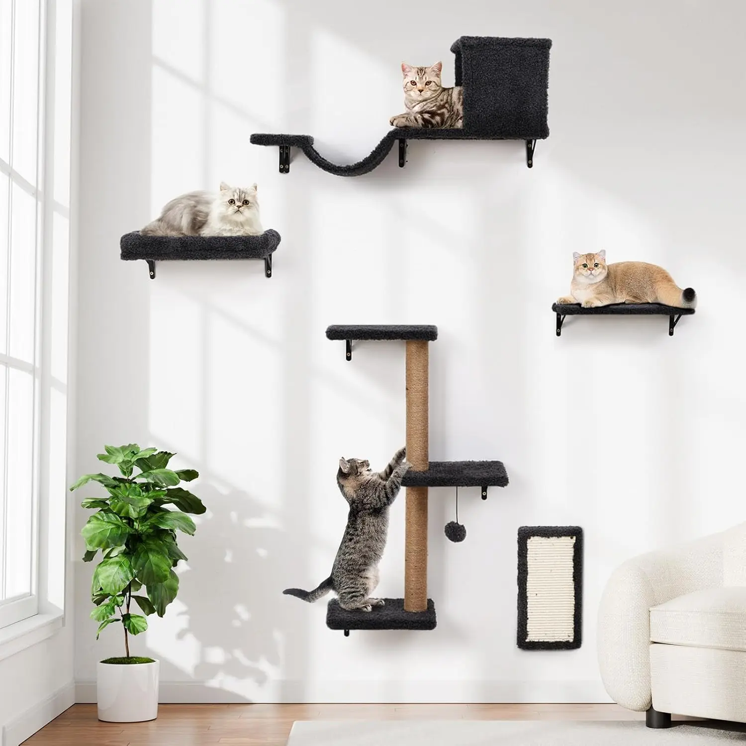 

5-in-1 Cat Wall Shelves, Multi-Level Climbing Furniture for Indoor Cats, Space-Saving Mounted Perch in Natural Wood Gray