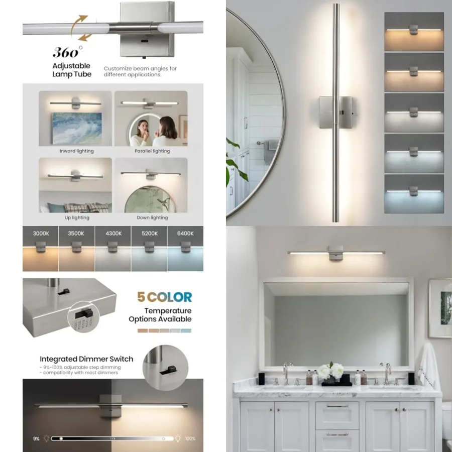 

Brushed Nickel Vanity Light Fixtures for Bathroom Over Mirror LED Bath Sconces IP44 5CCT Adjustable Morden Picture Lights for P