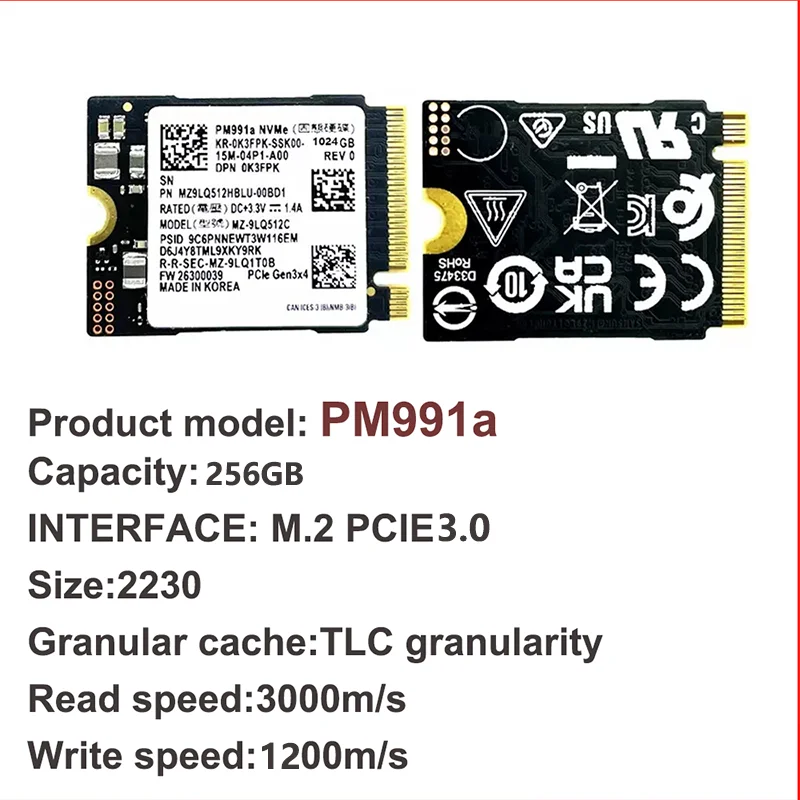 SAMSUNG-2230 SSD, PM991a, PM991, PM9B1M.2, 256, 30mm, NVMe PCIe, Gen3, x4, TLC, BM9C1, 2230 Go