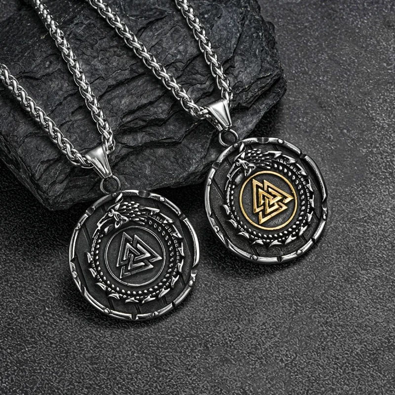 Vintage Vikings Ouroboros Necklace Men Stainless Steel Norse Runes Triangle Pendant Amulet Scandinavian Jewelry Dropshipping