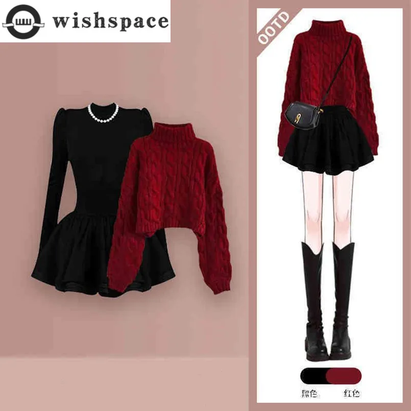 

Осенне-зимний комплект, новый женский высококачественный красный свитер с высоким воротником и утягивающим темпераментным черным платьем, комплект из двух предметов