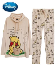 Disney Winnie the Pooh Bear Sweatshirt Cartoon Print Embroidery Women Turtleneck Fleece Jumper Top + Trousers Pants 1 Sets Femme