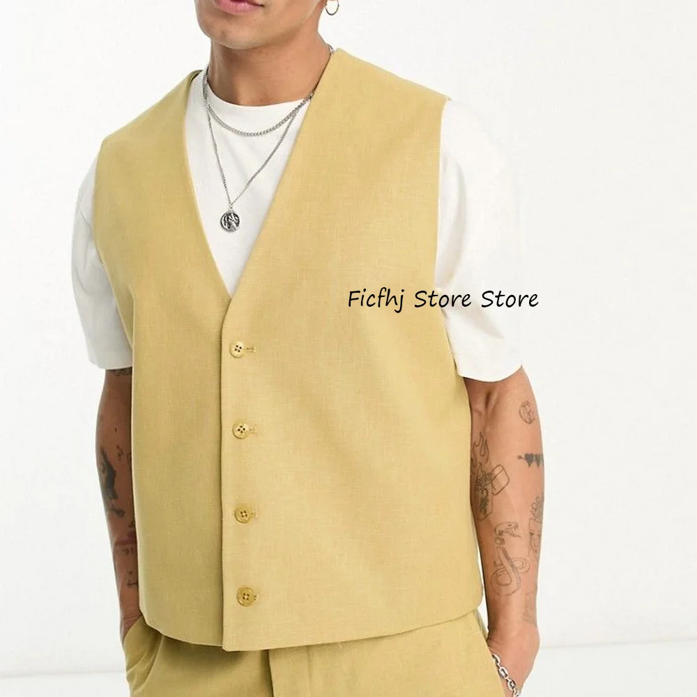 

Мужской классический жилет из льняной ткани, жилет с четырьмя пуговицами для работы, повседневный модный костюм с v-образным вырезом, рабочие мужские костюмы без рукавов