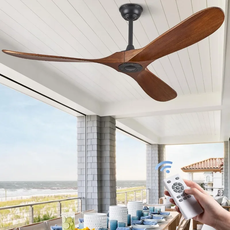 60 Inch Outdoor Ceiling Fans no Light, 3 Blade Solid Wood Ceiling Fan with Remote Control for Patios Living Room Bedroom Porch