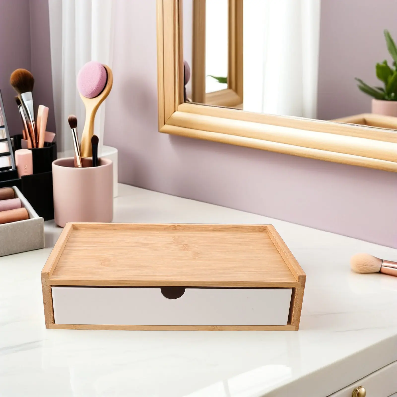Bamboo Desktop Organizer Small Drawer Unit Minimalist Design Desk Storage Box Office Study Tabletop Organizer for Stationery