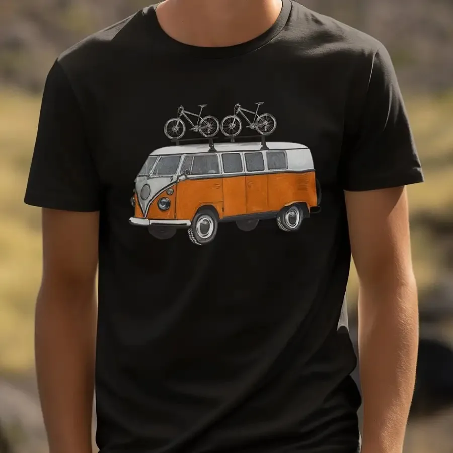 Men'S and Women'S Vintage 1960s Retro Bus and Bicycle Graphic T-Shirt - 100% 220gsm Heavyweight Crew Neck Short Sleeve, Unisex