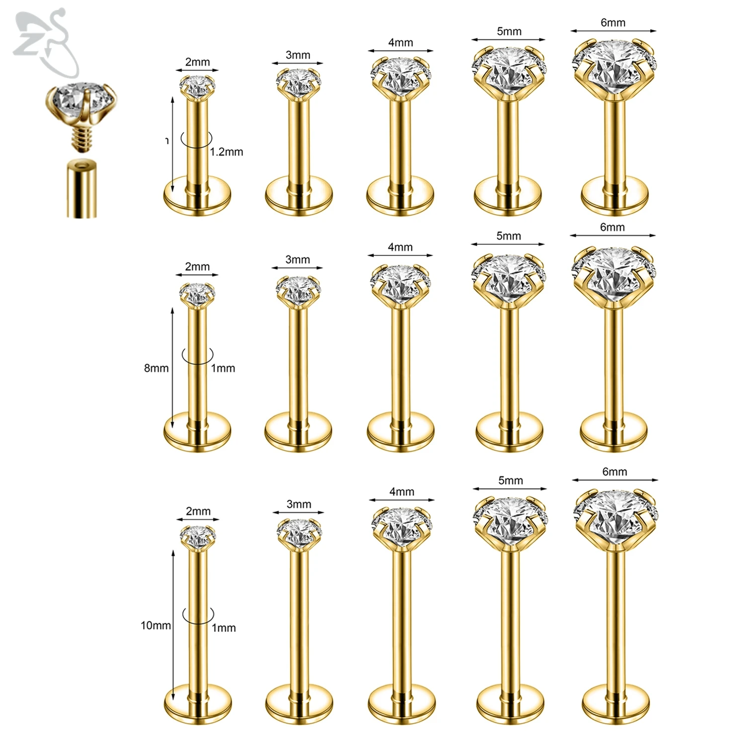 AOEDEJ-CZ Crystal Helix Cartilagem Tragus Piercings, Labret Lip Stud Set, Cor do Ouro, Aço Inoxidável, 2mm, 3mm, 4mm, 5mm, 6mm, 16g, 18g, 10pcs por lote