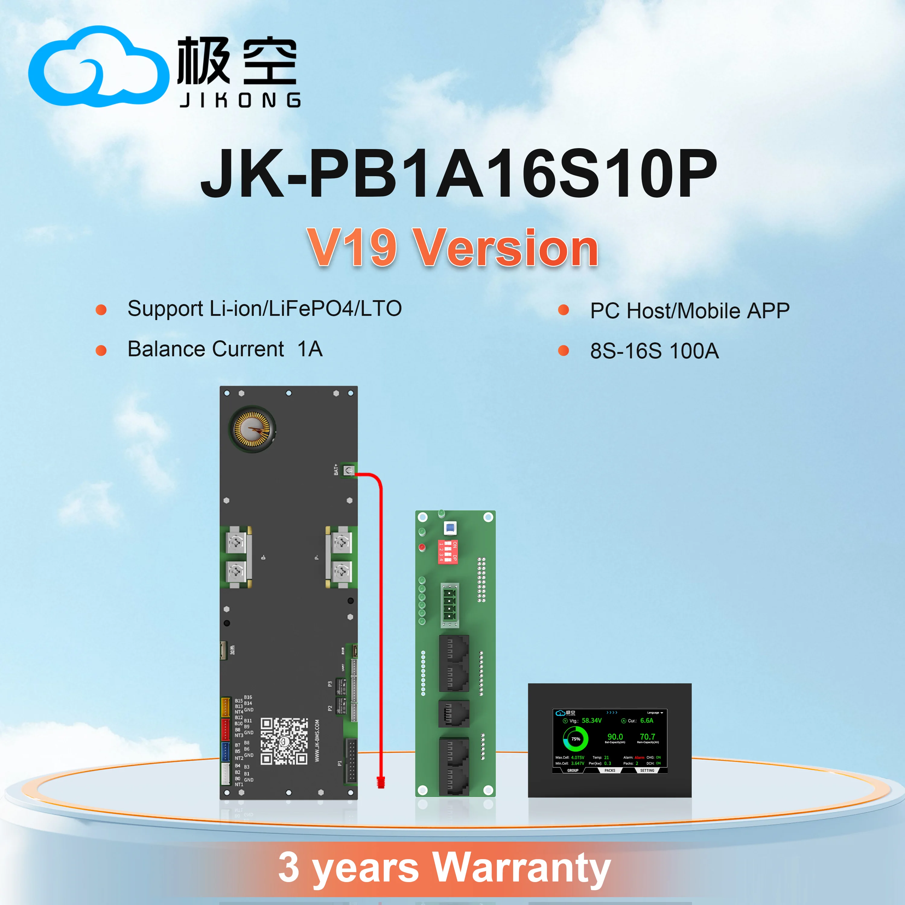 JIKONG BMS JK-PB1A16S10P 8S 16S 8S/16S 24V 48V LiFePo4 Li-Ion Battery 100A Household Energy BMS to Inverter Active Balancer 1A