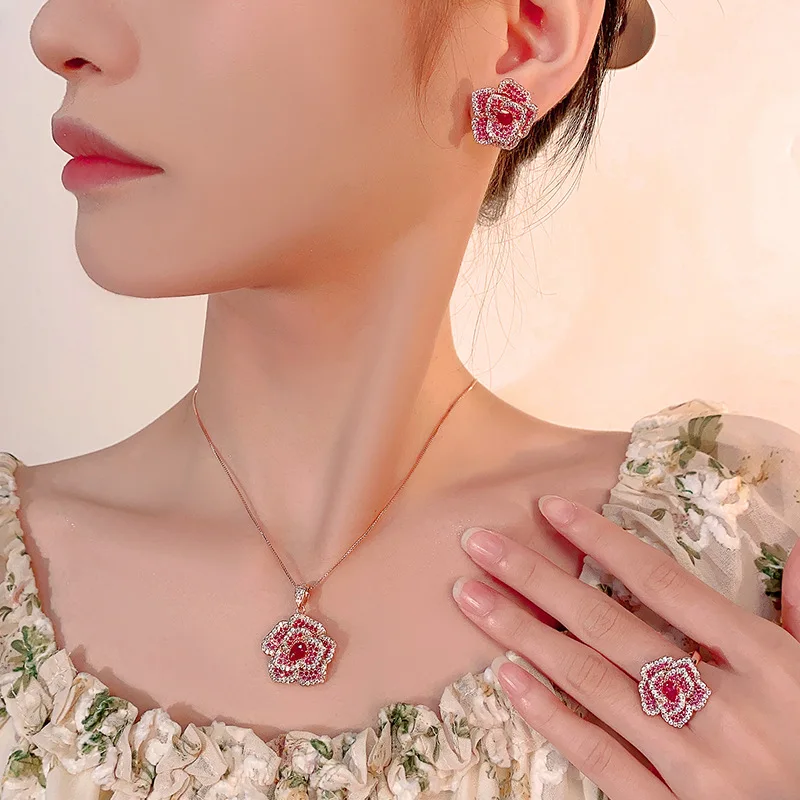 Women's Rose Flower Jewelry Adjustable Ring Red Cubic Zirconia Sparkling Floral Necklace Earrings Elegant Party Wedding Jewelry