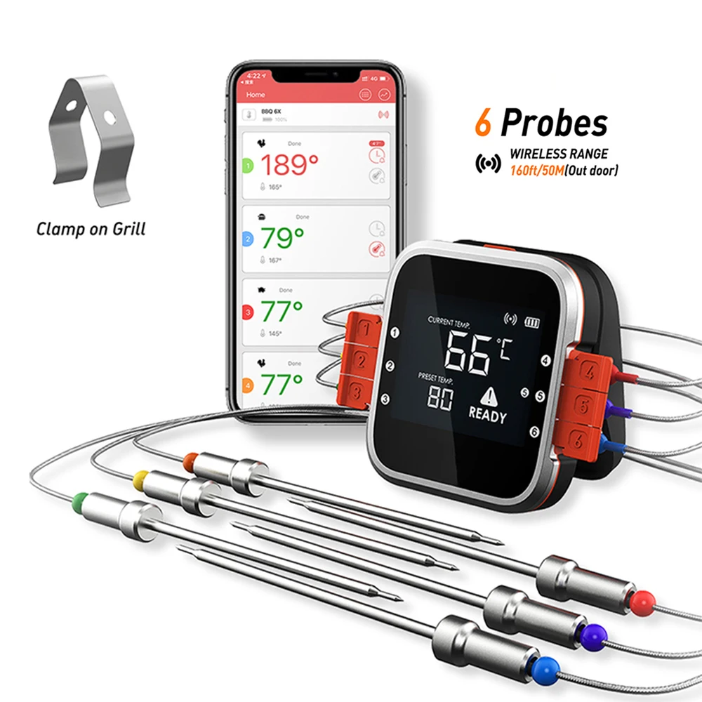 LanYuXuanSmart Remote Digital Bluetooth Barbecue Grill Wireless Meat Thermometer 6 Aluminum Probe for Kitchen BBQ Household Ther