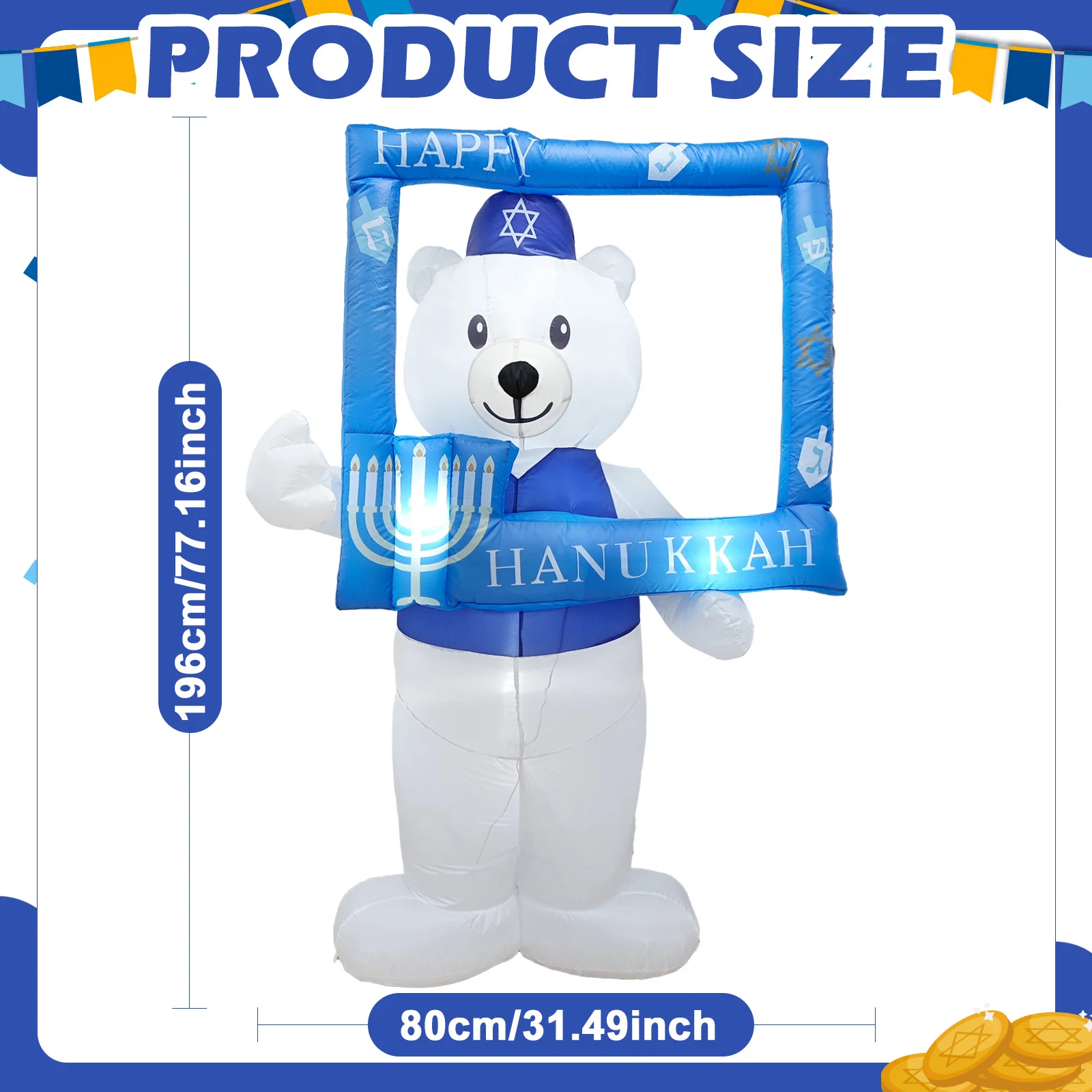 6.4 FT Hanukkah Inflatable Outdoor Holiday Yard Decorations Frame with Polar Bear Decor, Hanukkah Inflatables Outdoor with LEDs