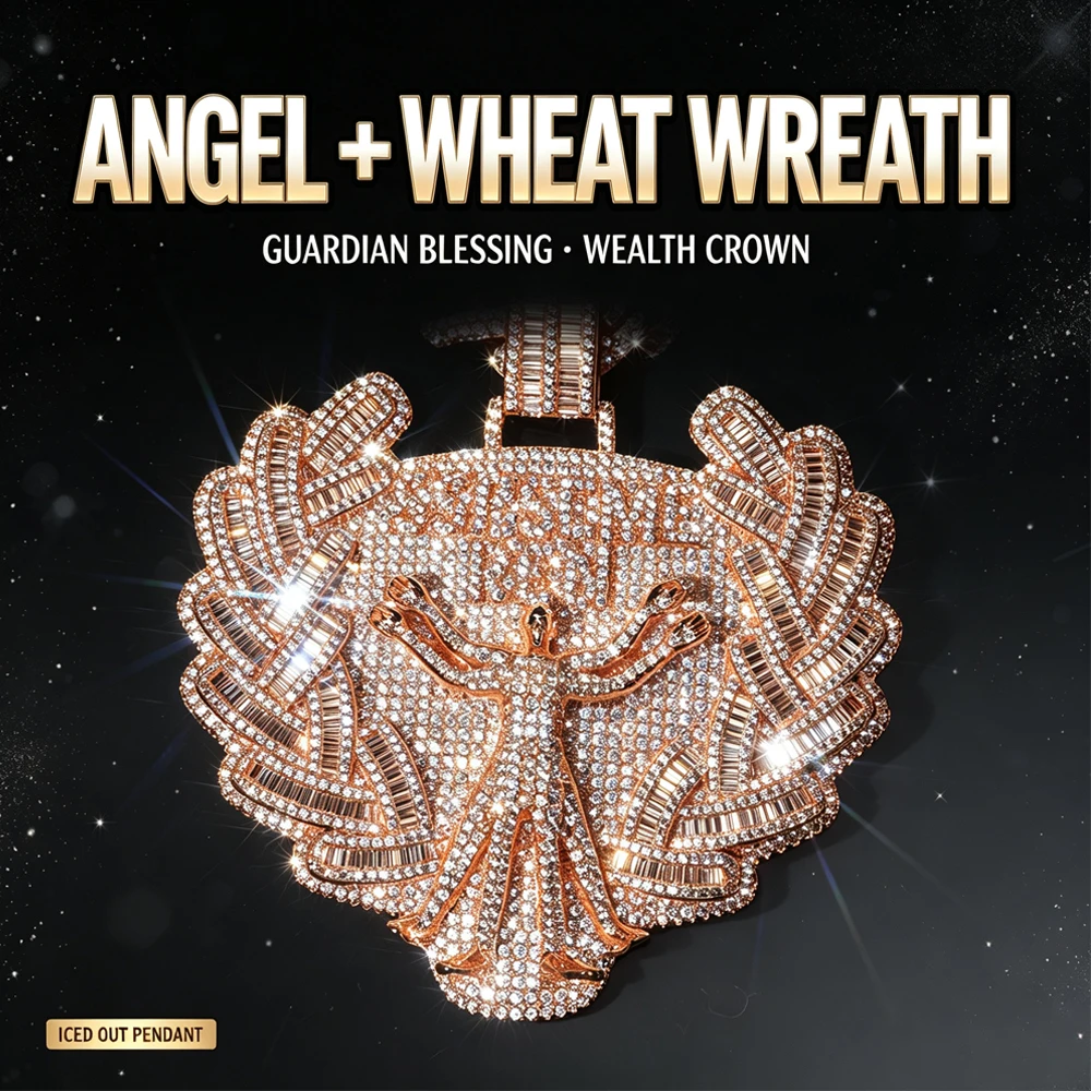Iced Out Angel Wheat Wreath Pendant 18K Gold Plated Cubic Zirconia Hip Hop Necklace Accessories Open Arms Angel Charm Bling Baguette Cz Cuban Pendants Street Rapper Hip Hop Medallion Fine Jewelry Gifts for Men Boy Friends Shiny Zircon Club Guardian Angel