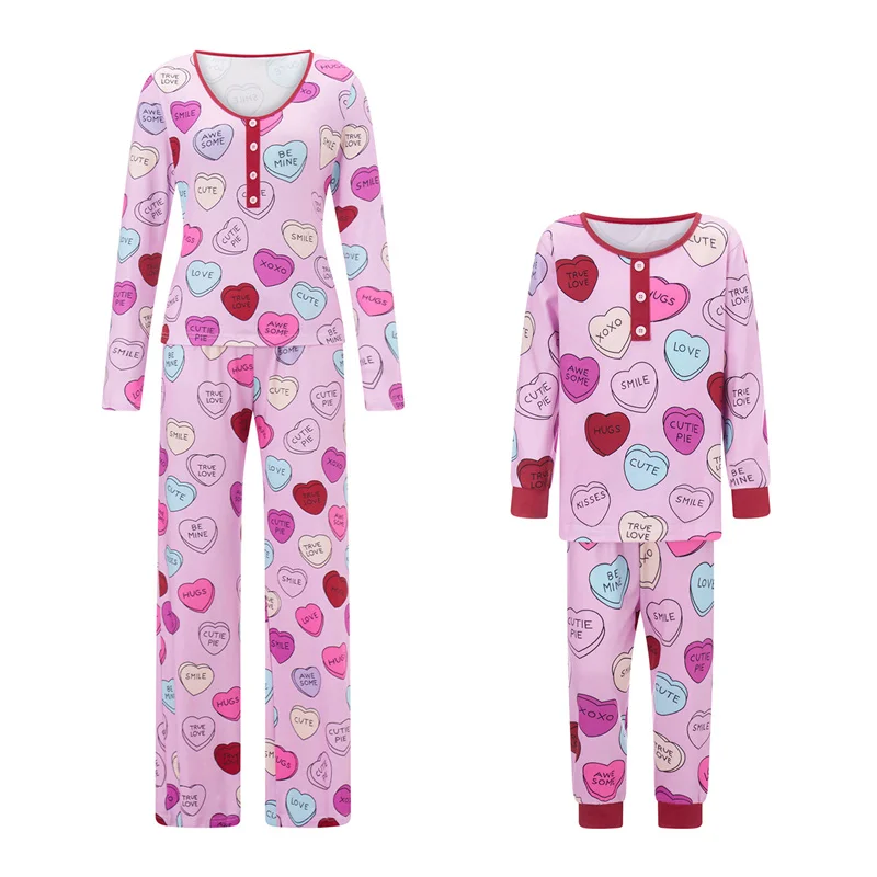 Valentines Day Family Pajamas Sleepwear Heart Print Long Sleeve T Shirt and Pants Mom and Daughter Matching Clothes Loungewear