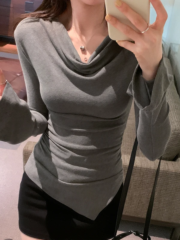 Ele Long Sve Base assimétrica irt Feminino Winter Faion Slim Fit oulder Baring T-shirt Versátil Commute Sle Kni...