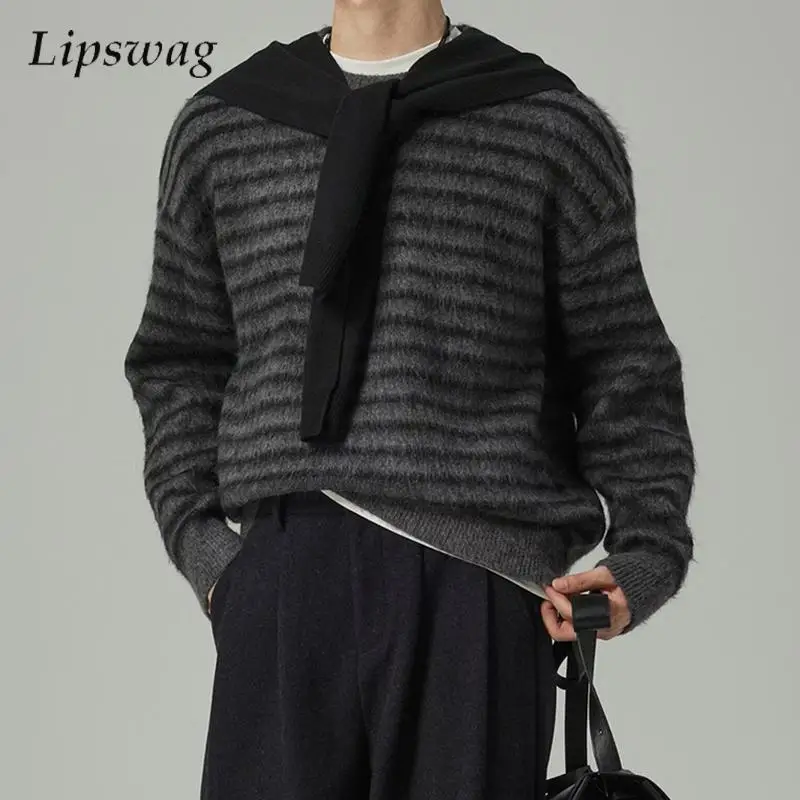 

Fall Winter Furry Cozy Fleece Sweater Mens Vintage Striped Crochet Knitted Jumper Tops Men Stylish Long Sleeve O Neck Sweatshirt