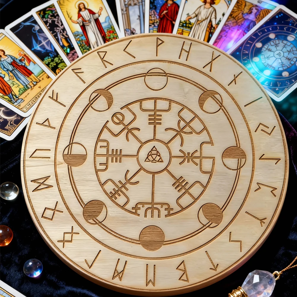 Laser Nordic Viking Celtic Knot Solid Wood Coaster Round Insulation Pads Moon Phase Totem Rune Crystal Energy Board Plank Decor