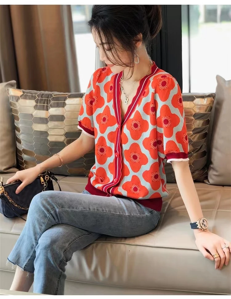 small fragrance wind patchwork color jacquard ice silk cotton short sleeve cardigan women's summer loose wood ear edge V-neck T-