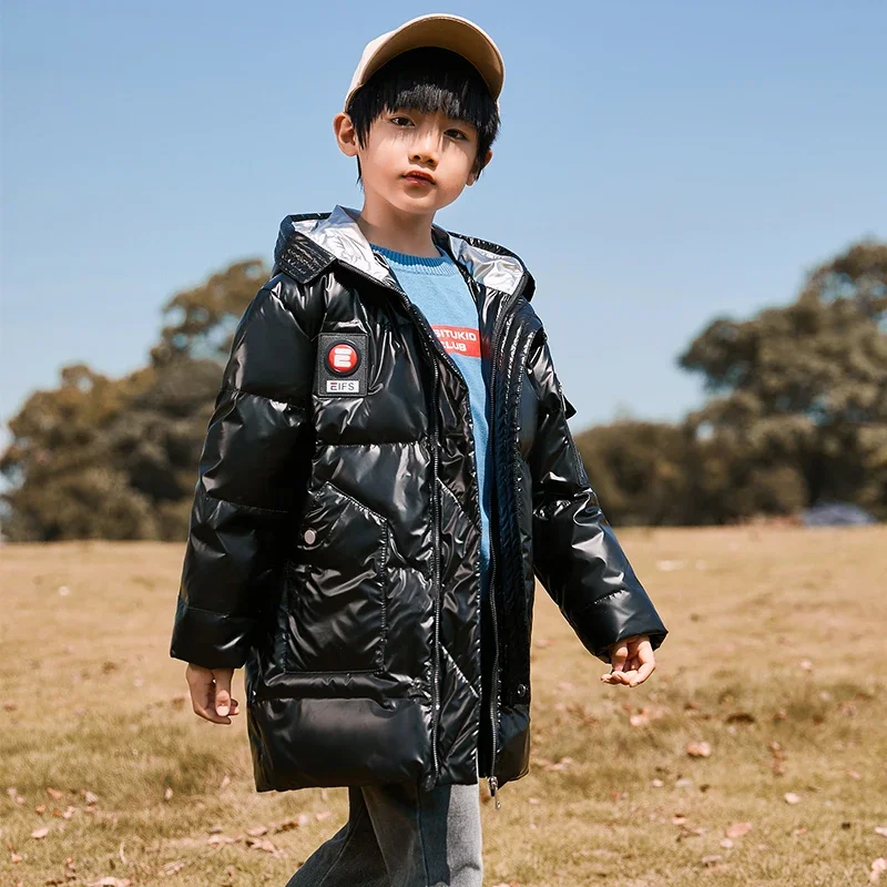 Boys Girls Kids Long Loose White Duck Thickened Down Jacket Black,Blue Baby Coat, Teenagers Hooded Padded Jacket Clothes Winter