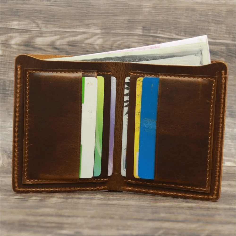 Portable Bifold Design Men Genuine Leather Wallet Short Style Retro Handmade Wallet Minimalist Lightweight Card Bag Business